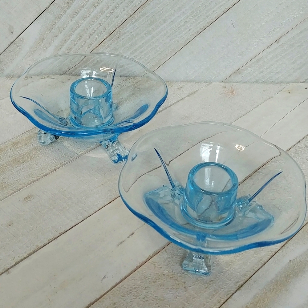 Vintage Set Pale Blue Glass Candle Holder on Feet